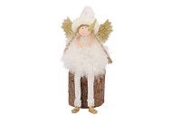 FLUFFY ENGEL ZITTEND WHITE/GOLD 7X10X15CM