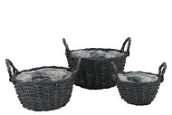 WICKER BASKET WITH EARS BLACK BOWL SET 3DLG 27X13CM